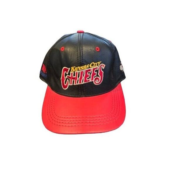 Kansas City Chiefs Real Leather Black Red Snapback Hat Made in USA 1990s - Picture 1 of 11
